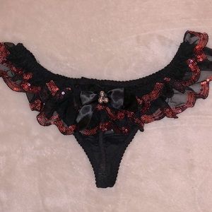 Sexy Little Things Victoria’s Secret Black Satin Pink Sequins Ruffle Panties- M